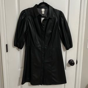 Black faux leather shirt dress